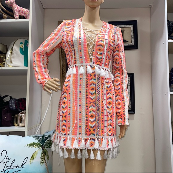 PRETTYLITTLETHING NWOT! Orange/White Sequin Fringe V-Neck Long Sleeve Dress - Picture 7 of 17